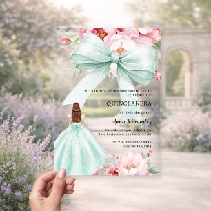 Zachte mintgroene strik jurk bloemen Quinceanera Acryl Uitnodigingen