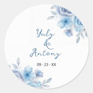 Zachte Moderne Stofblauwe Roos Bloemige Stempel Ronde Sticker