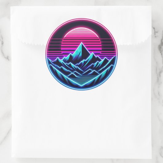 Zachte Neon Mountain Circle - Minimale Retro Glow Ronde Sticker (Tas)