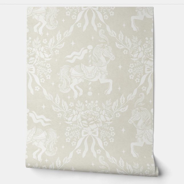  Zachte Neutrale Rococo Draaiorgelpaarden & Bloeme Behang (Afrollen)