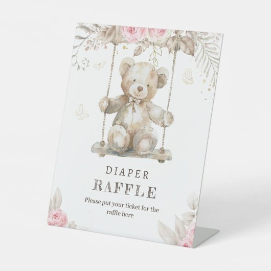Zachte Neutrale Teddybeer Roze Bloemen Luier Raffl Reclamebord Met Voetstuk (Voorkant)