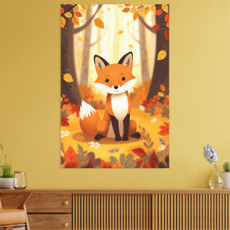 Zachte oranje vos in herfst bos kwekerij bos ar canvas afdruk