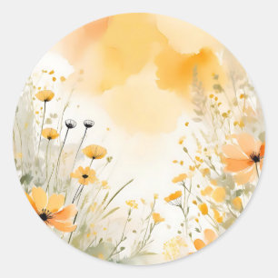 Zachte Oranje Waterverf Wildflowers Ronde Sticker