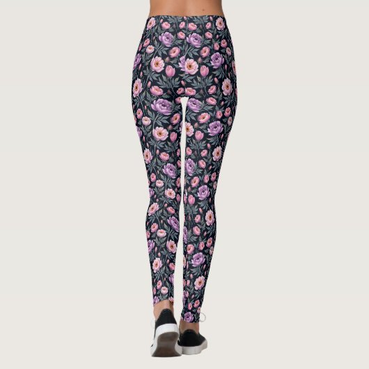 Zachte Paarse en Thulian Roze Bloemen Leggings (Achterkant)