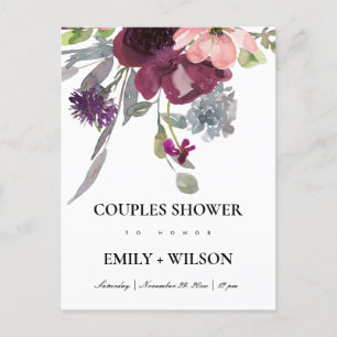 ZACHTE PAARSE LILA WATERVERF FLORAL COUPLES SHOWER UITNODIGING BRIEFKAART