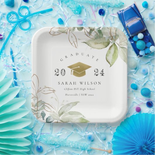 Zachte pasta Gold Green Foliage Graduage Cap Papieren Bordje (Feest)