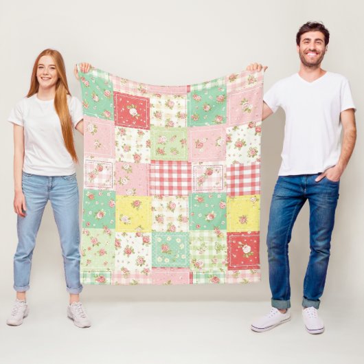 Zachte Pastel Bloemige Patchwork Ginghamruit Fleece Deken (In situ)