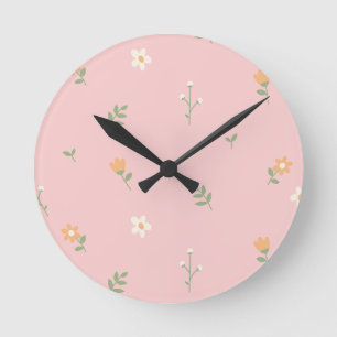 Zachte Pastel Bloemmotief op Roze Achtergrond Ronde Klok