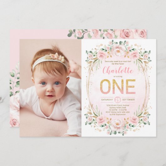 Zachte Pastel Blush Flower Glitter 1e Verjaardag M Kaart (Voorkant / Achterkant)