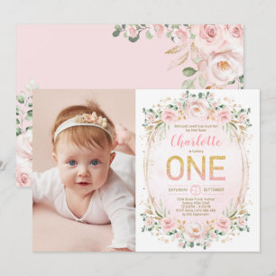 Zachte Pastel Blush Flower Glitter 1e Verjaardag M Kaart