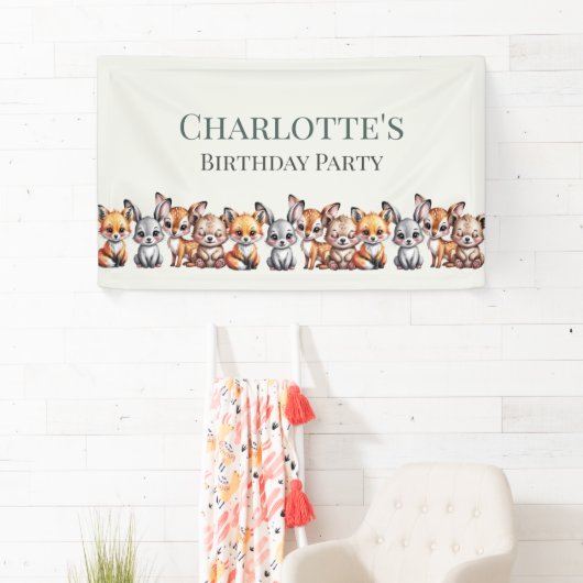 Zachte Pastel Bos Dieren Voor Kinderen Verjaardag Spandoek (Insitu)