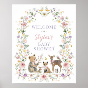Zachte Pastel Bosdieren Bloemige Baby Shower Poster