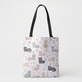 Zachte Pastel Kat & Bloemmotief Boodschappentas Draagtas
