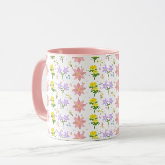Zachte Pastel Kleur Wilde Bloemen Patroon Tweekleu Mok (Voorkant links)