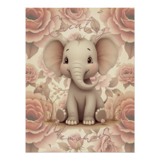 Zachte Pastel Olifant en Bloemen Perfect Poster