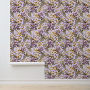 Zachte pastel paarse en faux gouden bloemen behang