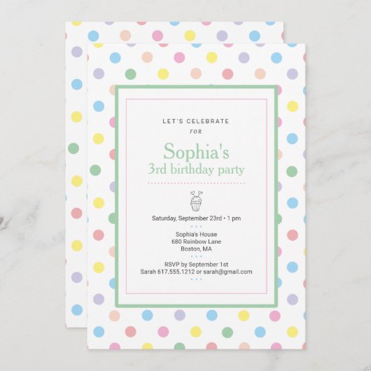 Zachte Pastel Stippen Verjaardagsfeest Uitnodiging (Voorkant / Achterkant)