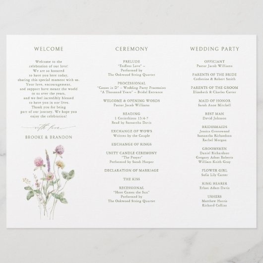 Zachte Pastel Wildflower Botanische Wedding Progra (Achterkant)