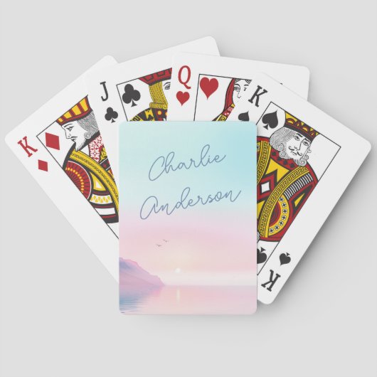 Zachte pastel zonsopgang met vogels scriptnaam pokerkaarten (Achterkant)