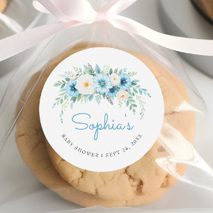 Zachte Pastelblauwe Bloem Elegant Baby Shower Favo Ronde Sticker