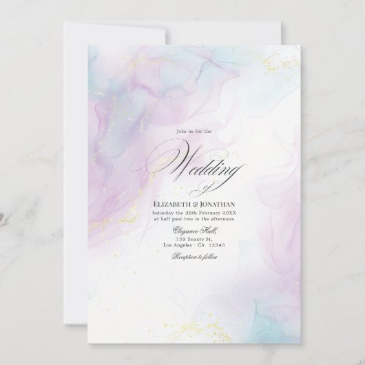 Zachte Pastelblauwe en Gouden Alcohol Inkt Bruilof Kaart (Voorkant)