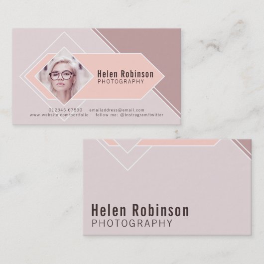Zachte pastelroze fotokaart met diamant visitekaartje (Voorkant / Achterkant)