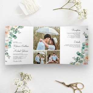 Zachte Pastelrozen Eucalyptus Foto Collage Trouwfe Drieluik Uitnodiging