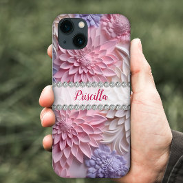 Zachte pastels 3D dahlia's, diamant lijst op maat iPhone 13 Hoesje