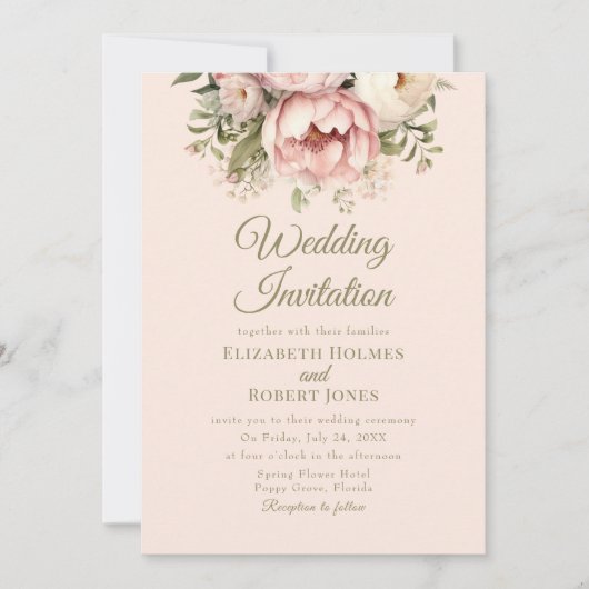 Zachte Peach en Blush Floral bruiloft uitnodiging (Voorkant)