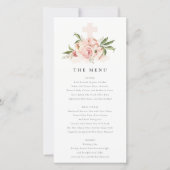 Zachte Peach Peony Floral Cross Baptism Menu Kaart (Voorkant)