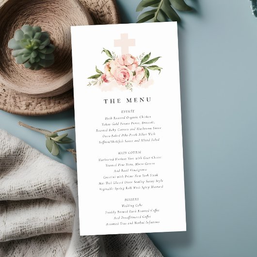 Zachte Peach Peony Floral Cross Baptism Menu Kaart
