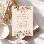 Zachte perzik en blush roze bloemenbruiloft kaart