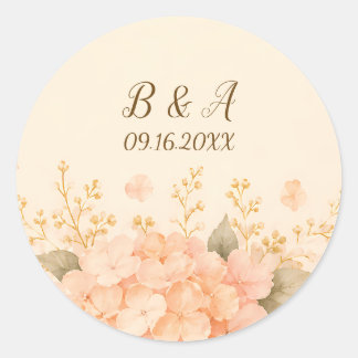 Zachte Perzik & Gouden Hortensia Bloemige Trouwron Ronde Sticker