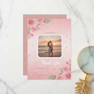Zachte Perzik & Roze Bloem Tuin Foto Bruiloft Bedankkaart