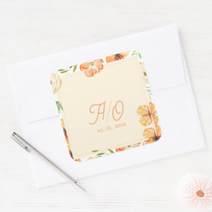 Zachte Perzik Tuin Bloemige Monogram Huwelijk Vierkante Sticker