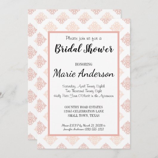 Zachte Perzikroze Damast Bruiloftsontvangst Kaart (Voorkant / Achterkant)