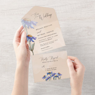 Zachte perzikse Waterverf Daisies Modern Wedding All In One Uitnodiging