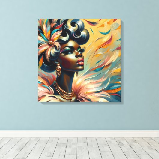 Zachte  Pin-Up African Woman Feathers jaren 1960 Canvas Afdruk (Insitu (Houten vloer))