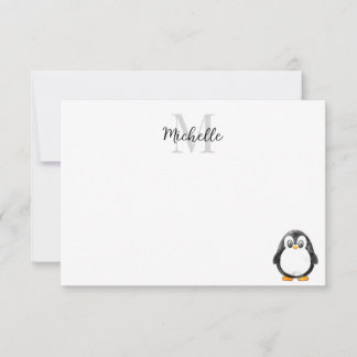 Zachte Pinguïn Cartoon Aangepaste Monogram Notitiekaartje