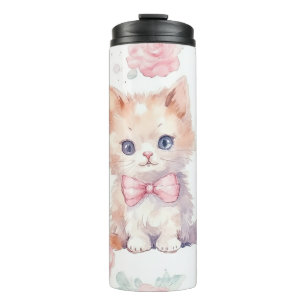 Zachte Pluizige Kittens met Roze Rozen Thermosbeker