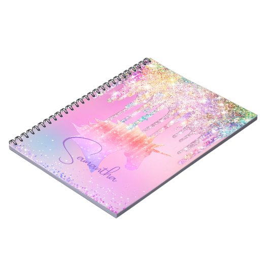 Zachte regenboog eenhoorn roze Glitter Druppels mo Notitieboek (Linkerzijde)