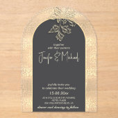 Zachte romantische gouden confetti bloemen acryl uitnodigingen (Voorkant)