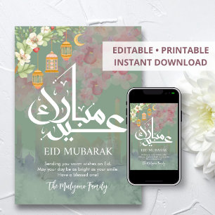 Zachte Roze Aquarel Bloemrijke Eid Mubarak Kaart
