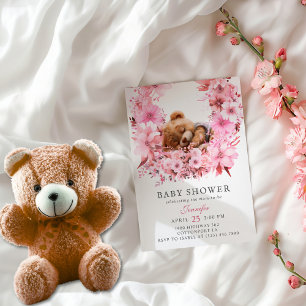 Zachte Roze Bloemachtige Slaap Teddybeer Baby Borr Kaart