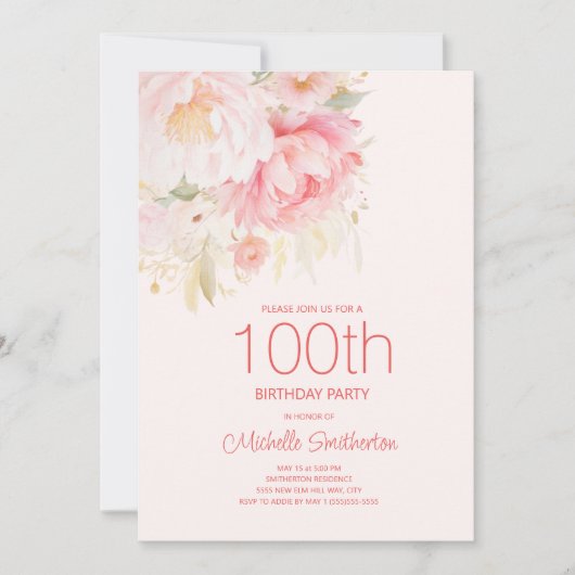 Zachte roze bloemen 100e verjaardag kaart (Voorkant)