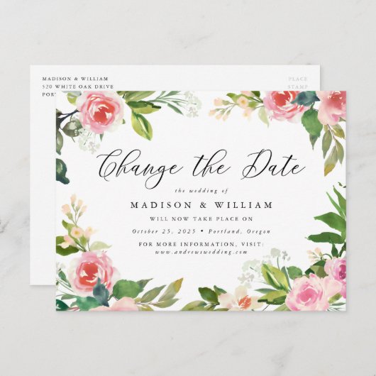 Zachte Roze Bloemen Nieuwe Datum Aankondigingskaart (Voorkant / Achterkant)