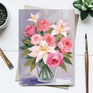 Zachte Roze Bloemige Waterverf Boeket Elegant Briefkaart