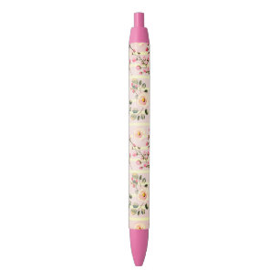 Zachte Roze Bloemstreep Patroon Zwarte Inkt Pen