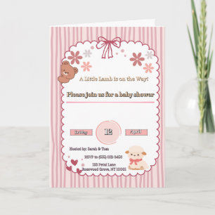 Zachte Roze Coquette Lam & Beer Baby Shower Uitnod Kaart