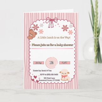 Zachte Roze Coquette Lam & Beer Baby Shower Uitnod Kaart